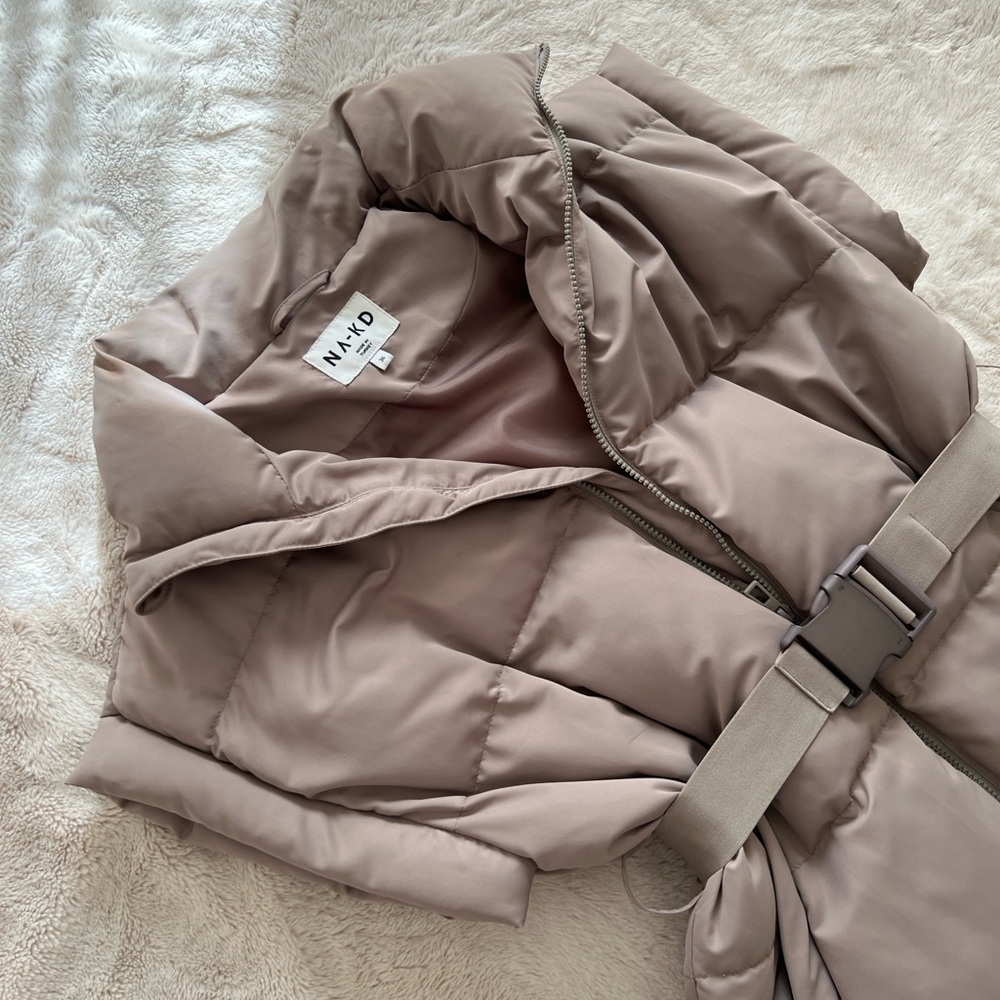 Women's Taupe Puffer Jacket with Belt